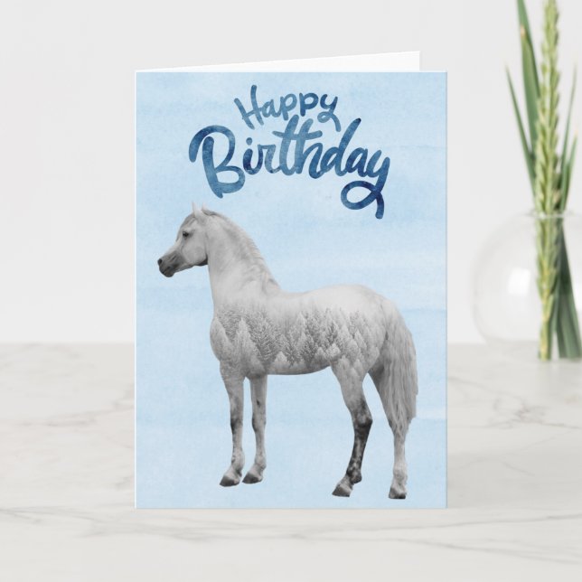 Happy Birthday White Horse Snowy  Card (Front)