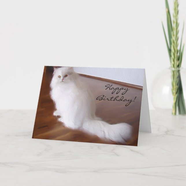 Happy Birthday White Persian cat greeting card (Front)