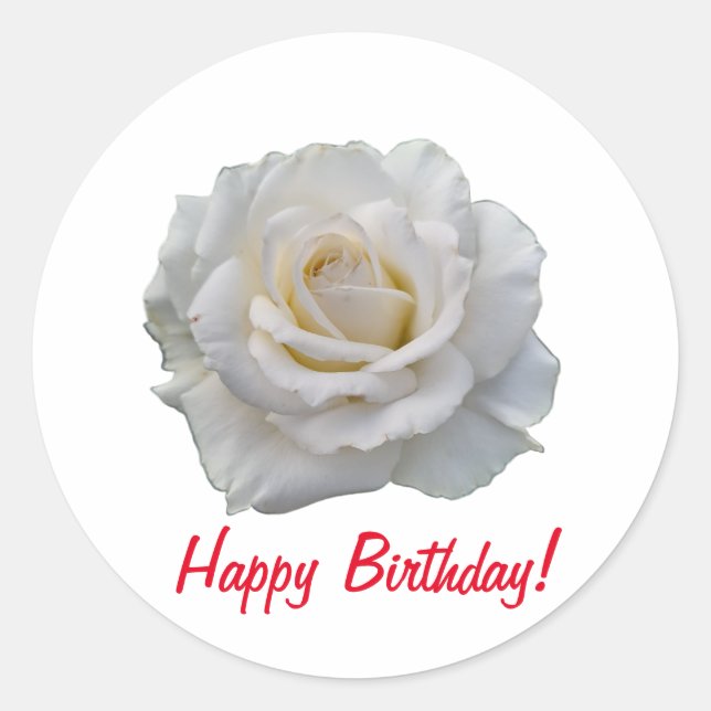 Happy Birthday White Rose Classic Round Sticker (Front)