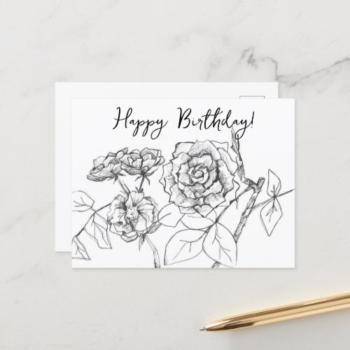 Happy Birthday White Roses Pen Ink Drawing Postcard
