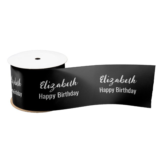Happy Birthday White Script Name Black Satin Ribbon (Spool)