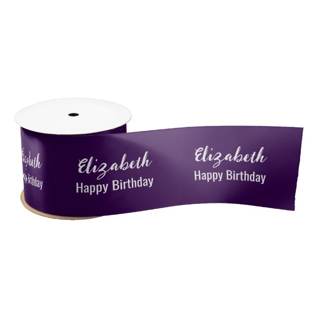 Happy Birthday White Script Name Dark Purple Satin Ribbon (Spool)