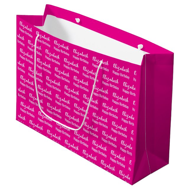 Happy Birthday White Script Name Hot Pink Large Gift Bag (Front Angled)