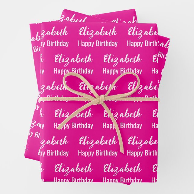 Happy Birthday White Script Name Hot Pink Wrapping Paper Sheets (In situ)