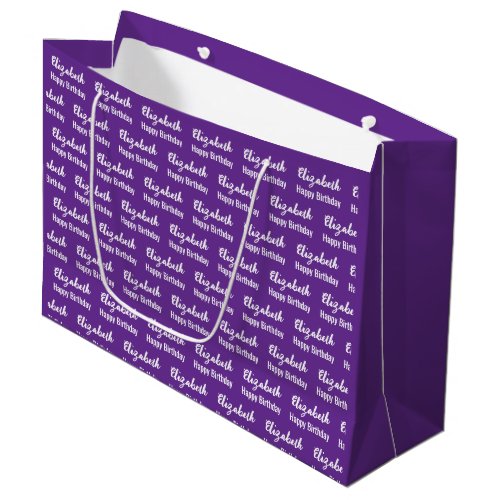 Happy Birthday White Script Name Royal Purple Large Gift Bag