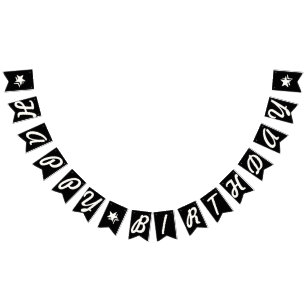HAPPY BIRTHDAY ☆ WHITE SCRIPT TEXT ON BLACK BUNTING FLAGS