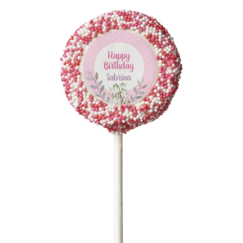Happy Birthday White Snowdrops Pink Polka Dots Chocolate Covered Oreo Pop