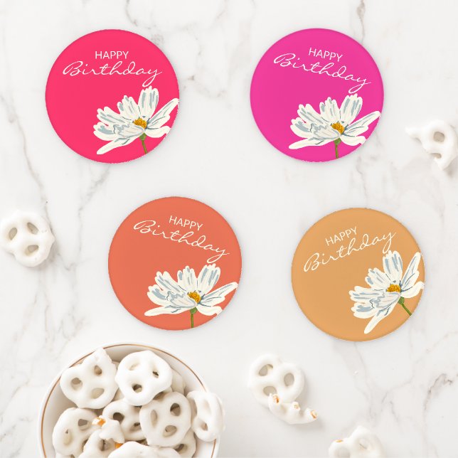 Happy Birthday White Summer Artistic Flower  Coaster Set (In Situ)