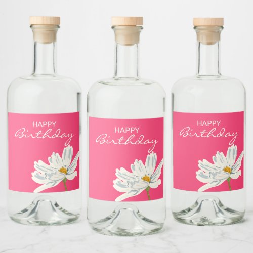 Happy Birthday White Summer Artistic Flower  Liquor Bottle Label