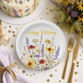 Happy Birthday Wild Flowers Botanical Floral Paper Plates