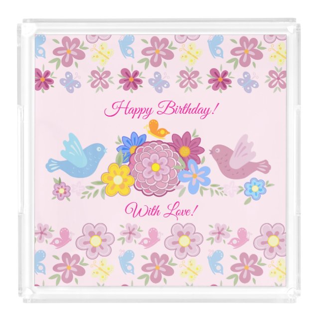 Happy Birthday Wild Flowers Garden Birds Pattern Acrylic Tray (Front)