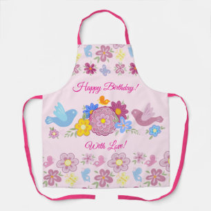 Happy Birthday Wild Flowers Garden Birds Pattern Apron