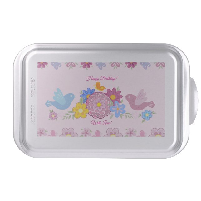 Happy Birthday Wild Flowers Garden Birds Pattern Cake Pan (Front)