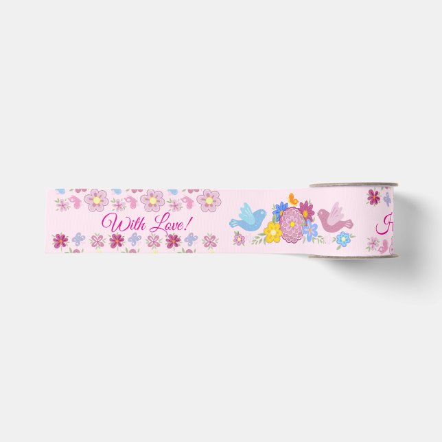 Happy Birthday Wild Flowers Garden Birds Pattern Grosgrain Ribbon (Front)