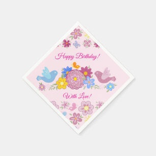 Happy Birthday Wild Flowers Garden Birds Pattern Napkins