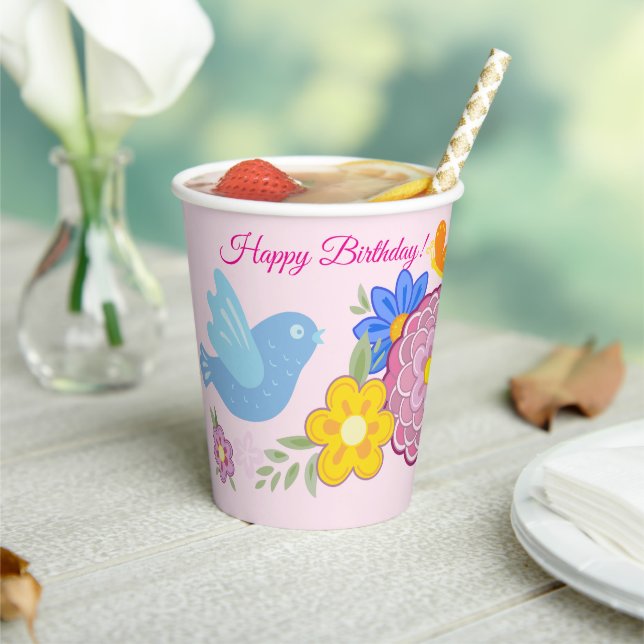 Happy Birthday Wild Flowers Garden Birds Pattern Paper Cups (Insitu)