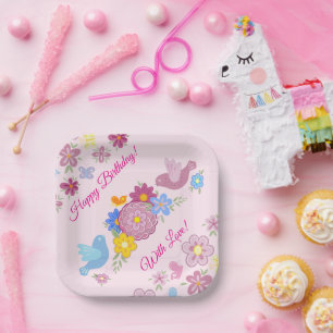 Happy Birthday Wild Flowers Garden Birds Pattern Paper Plates