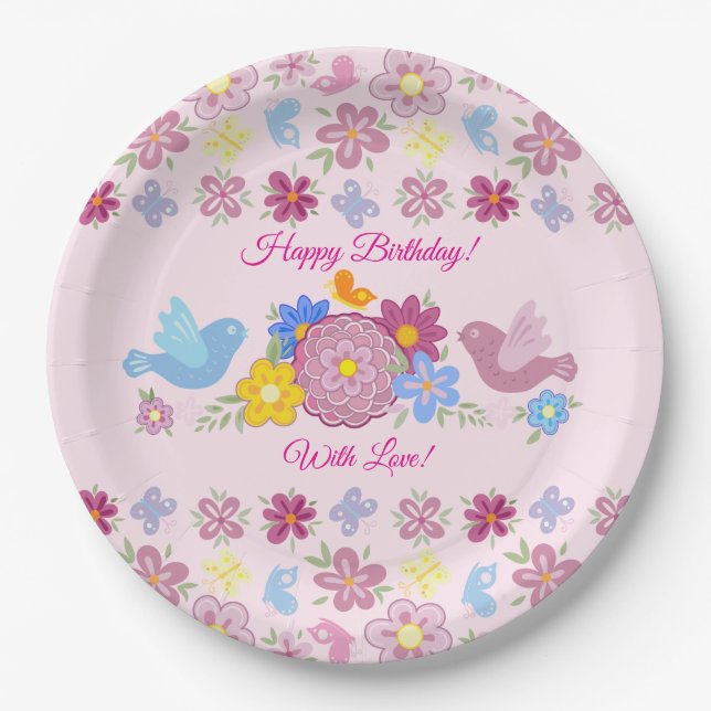 Happy Birthday Wild Flowers Garden Birds Pattern Paper Plates (Front)