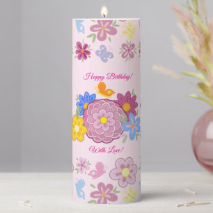 Happy Birthday Wild Flowers Garden Birds Pattern Pillar Candle