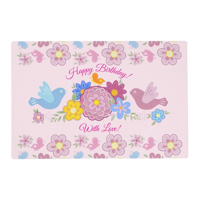 Happy Birthday Wild Flowers Garden Birds Pattern Placemat (Front)