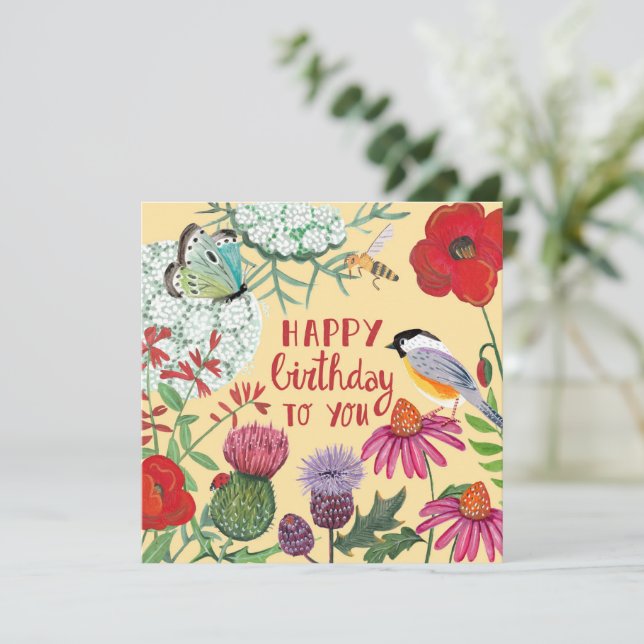 Happy Birthday Wildflower Garden Illustration Card (Standing Front)