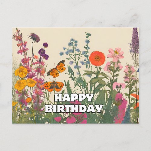Happy Birthday Wildflowers Butterflies  Postcard