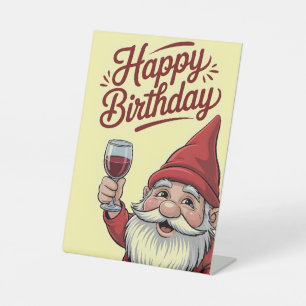 "Happy Birthday" Wine-Toasting Gnome Pedestal Sign
