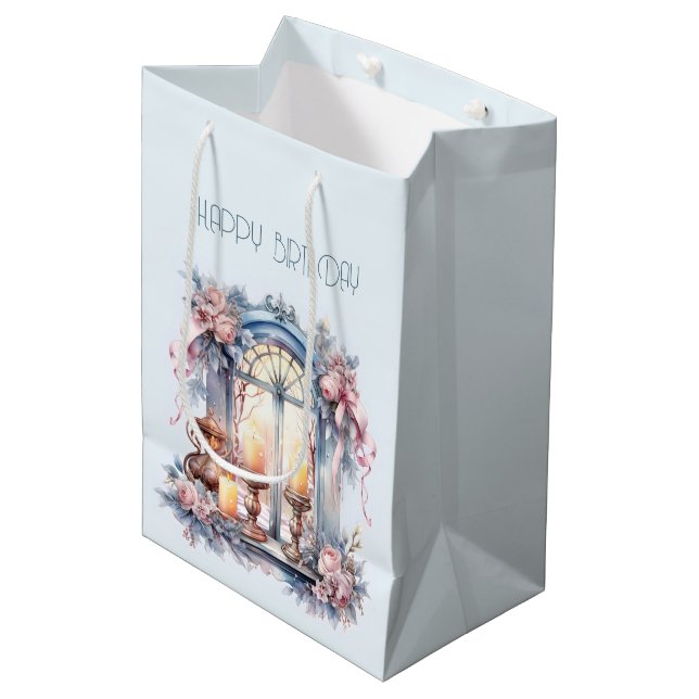  Happy Birthday Winter Blue Pink Victorian Window Medium Gift Bag (Front Angled)
