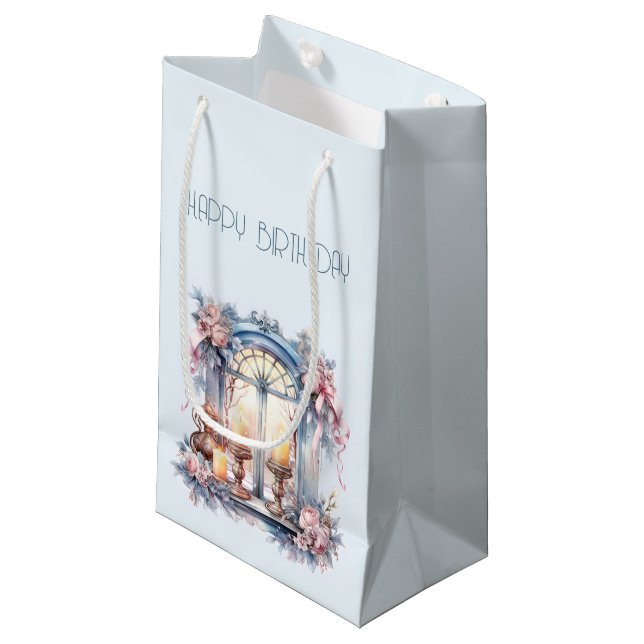  Happy Birthday Winter Blue Pink Victorian Window Small Gift Bag (Front Angled)