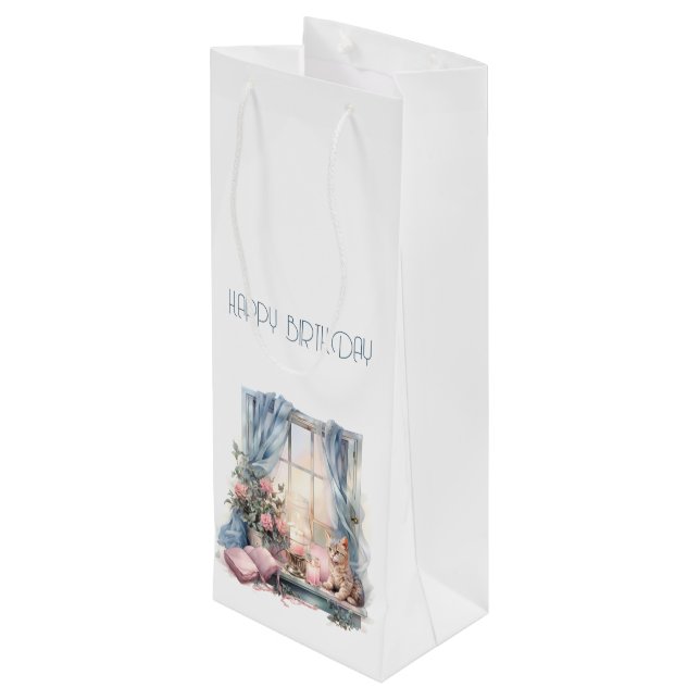  Happy Birthday Winter Blue Pink Victorian Window Wine Gift Bag (Back Angled)