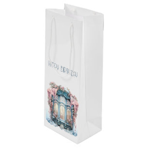 Happy Birthday Winter Blue Pink Victorian Window Wine Gift Bag