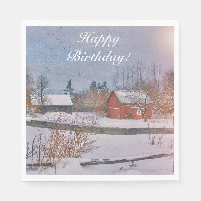 Happy Birthday Winter Farm Scene Napkins (Front)