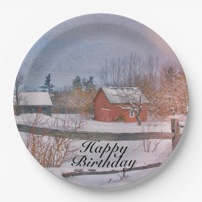 Happy Birthday Winter Scene Paper Plates (Front)