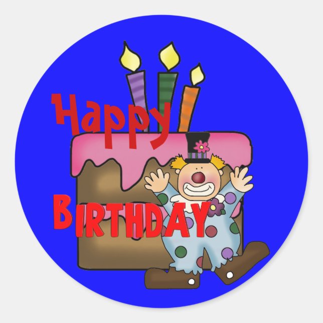 Happy Birthday Wishes Cake Clown Classic Round Sticker (Front)
