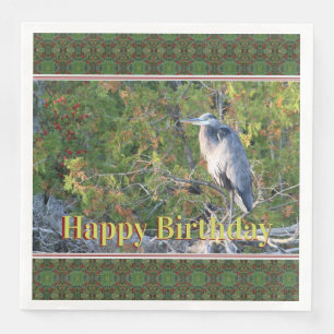 Happy Birthday With A Blue Heron Bird Paper Dinner Napkins