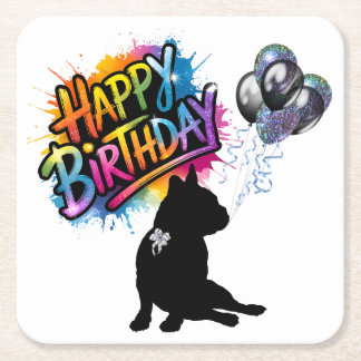 Happy Birthday with a Frenchie and balloons Square Paper Coaster