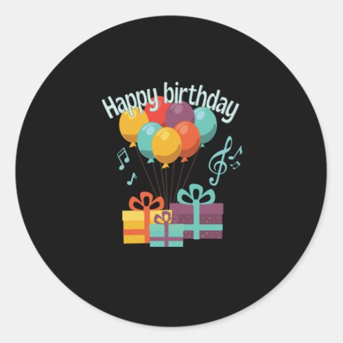 Happy birthday with balloons music notes and classic round sticker