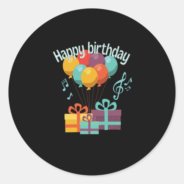 Happy birthday with balloons, music notes and classic round sticker (Front)