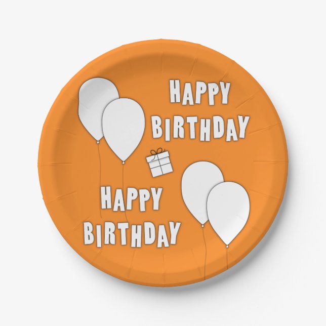 Happy Birthday With Balloons Orange Background Paper Plates (Front)