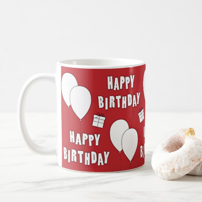 Happy Birthday With Balloons Red Background Coffee Mug (With Donut)