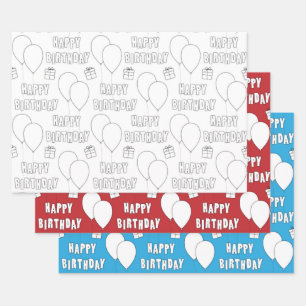 Happy Birthday With Balloons White Red Blue Wrapping Paper Sheets