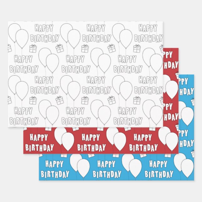 Happy Birthday With Balloons |  White Red Blue Wrapping Paper Sheets (Set)