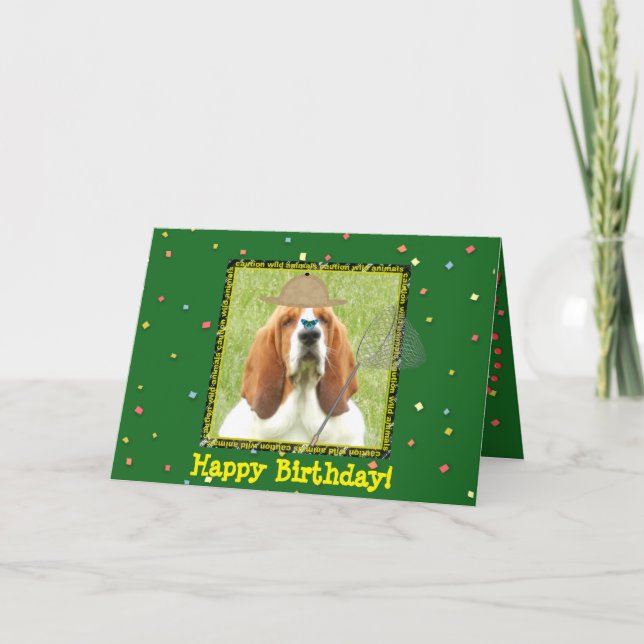 "Happy Birthday" with Basset Hound as hunter Card (Front)