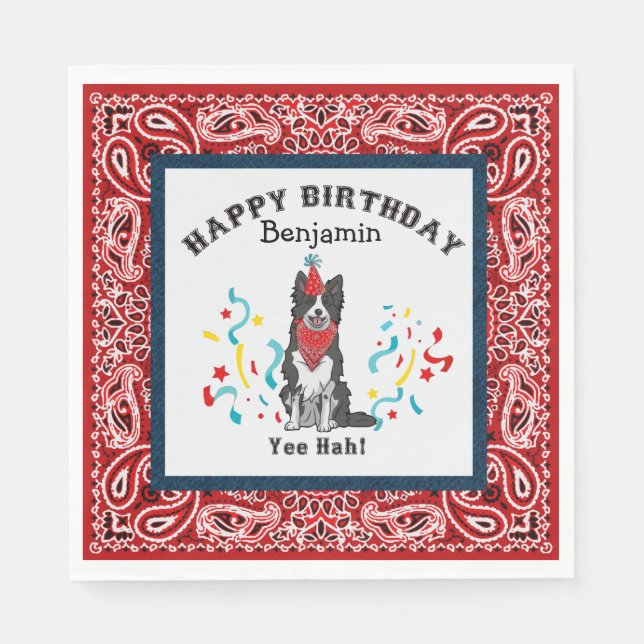 Happy Birthday with Border Collie in Red Bandana Napkins (Front)