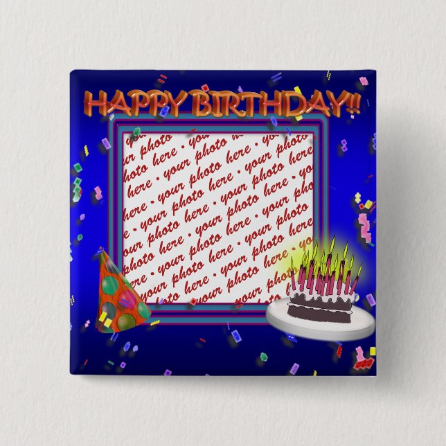 Happy Birthday With Confetti  Photo Frame Button (Front)