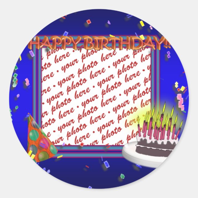 Happy Birthday With Confetti  Photo Frame Classic Round Sticker (Front)