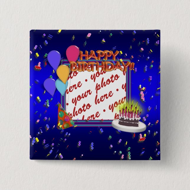 Happy Birthday With Confetti  Photo Frame Pinback Button (Front)
