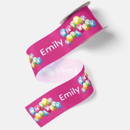 Happy Birthday with Custom Name and Balloons Satin Ribbon