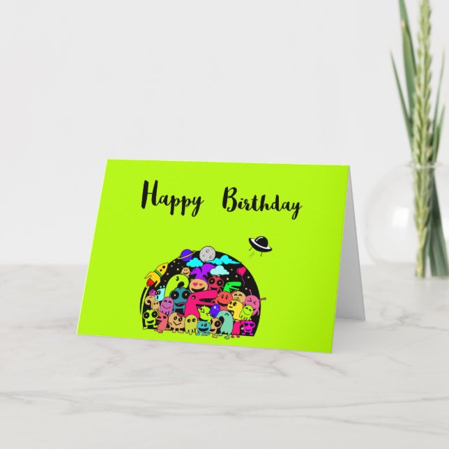 Happy Birthday With Cute Space Aliens Card (Front)