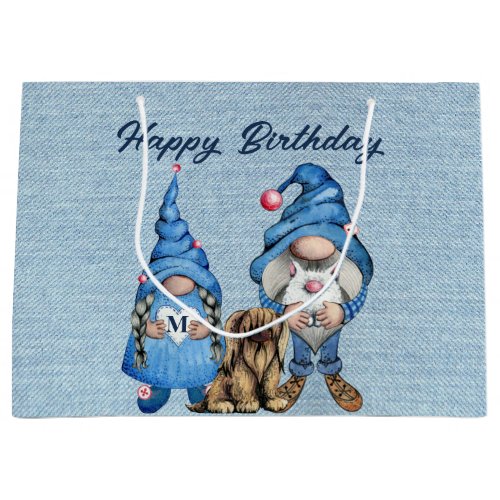 Happy Birthday With Denim Gnomes  Large Gift Bag